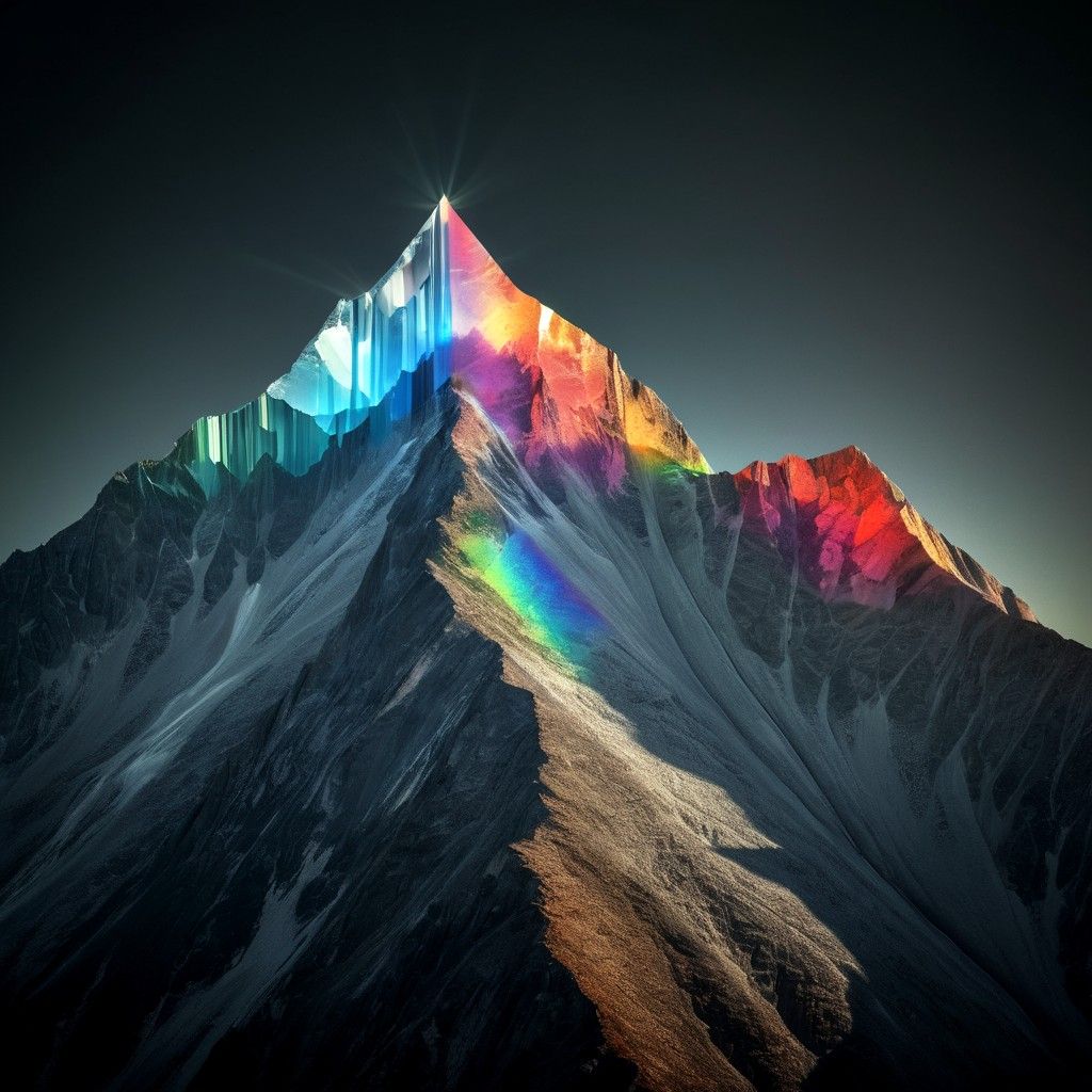 Abstract mountain range, dark gray background, light refracting through prism, surreal, environmental theme, hdr, perfect balanced, soft light, rgb