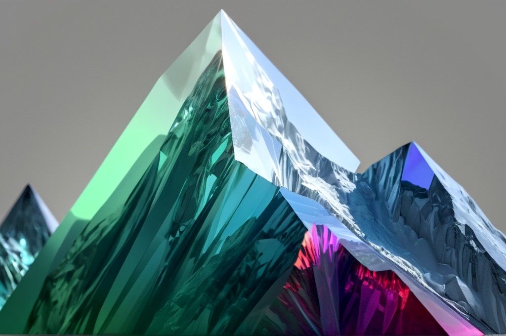 Abstract mountain range, faceted, light refracting through prism, surreal, gray background, environmental theme, hdr, perfect balanced, soft light, rgb