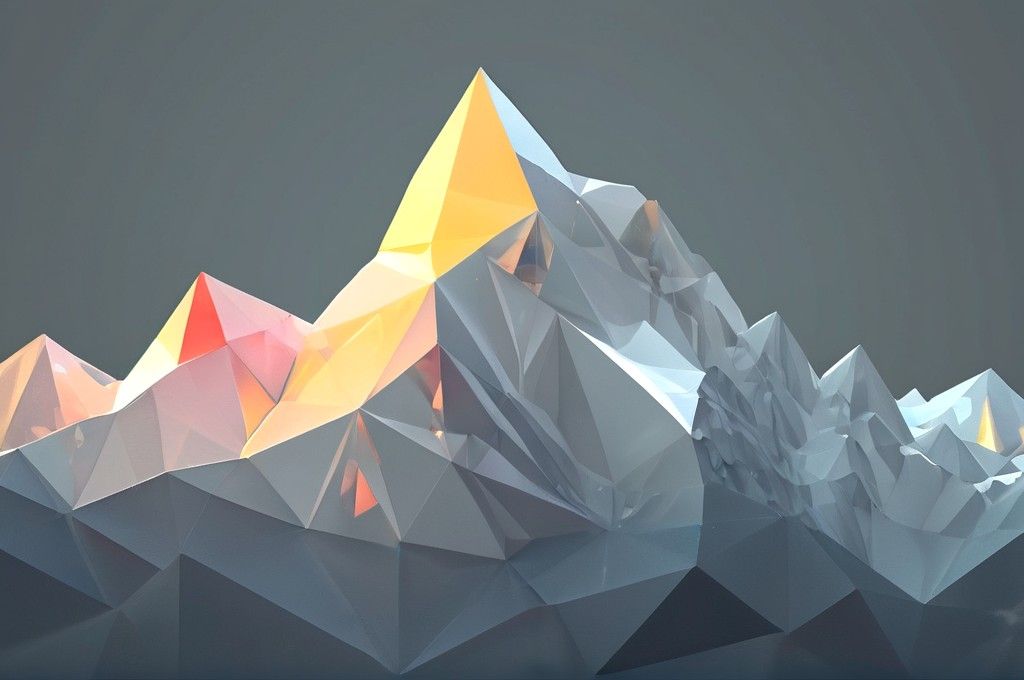 Abstract, low poly, mountain range, faceted, light refracting through prism, surreal, gray background, minimalist