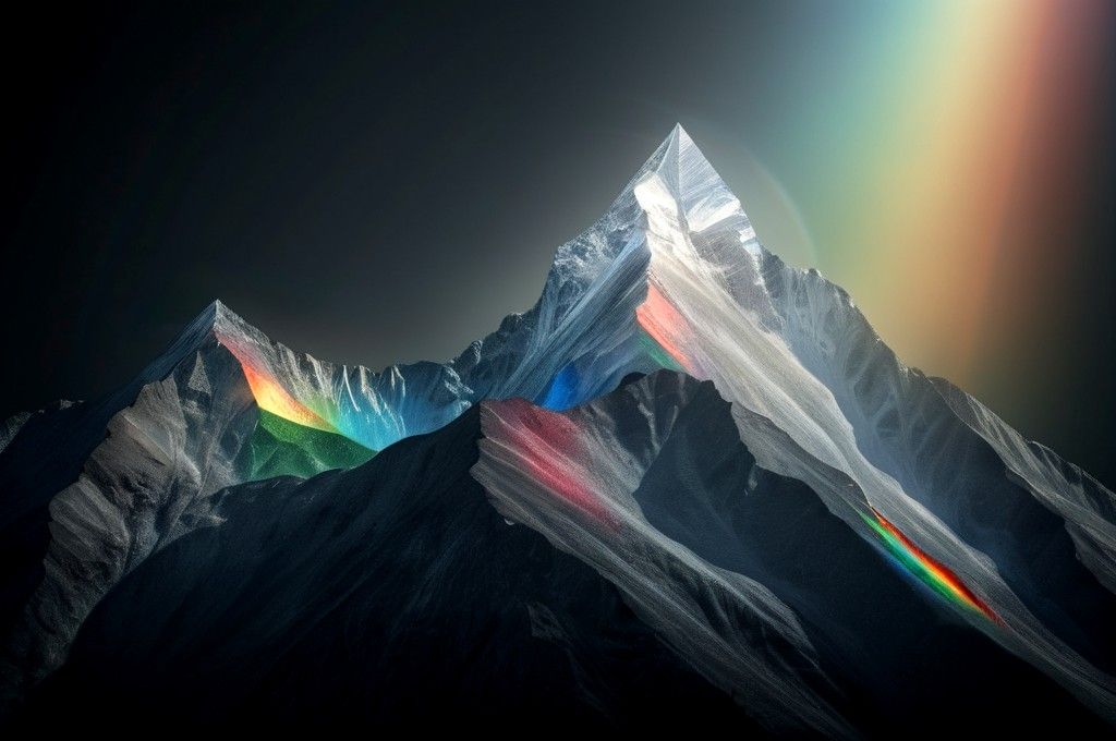Abstract mountain range, dark gray background, light refracting through prism, surreal, environmental theme, hdr, perfect balanced, soft light, rgb