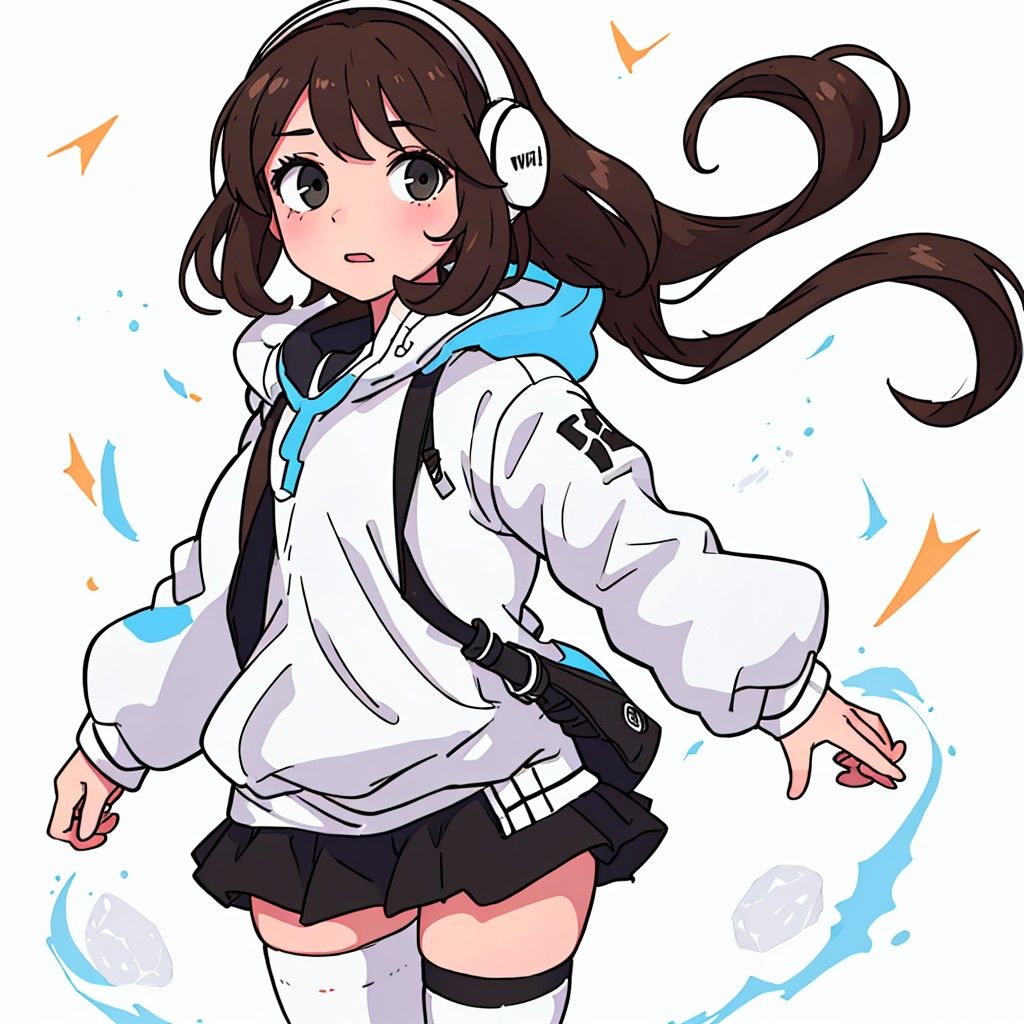 waifu girl, with brown hair, white and black headphones, white skirt, white leg warmers, blue shirt,
