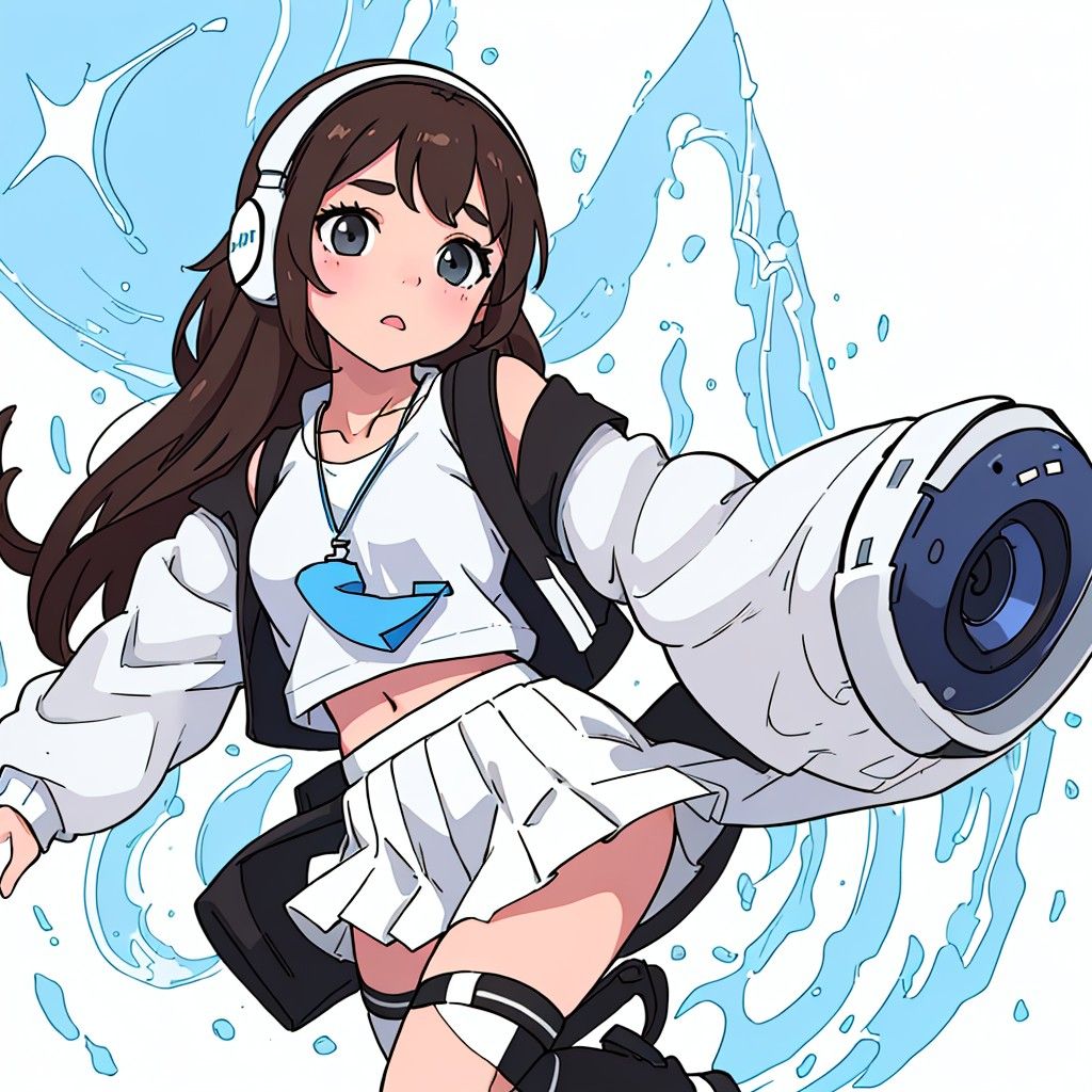 waifu girl, with brown hair, white and black headphones, white skirt, white leg warmers, blue crop top, blue necklace, phone