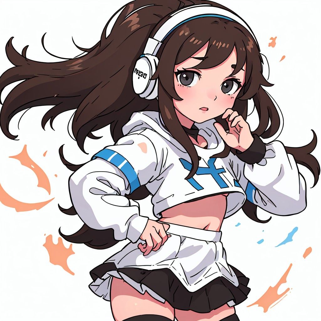 waifu girl, with brown hair, white and black headphones, white skirt, white leg warmers, blue crop top,