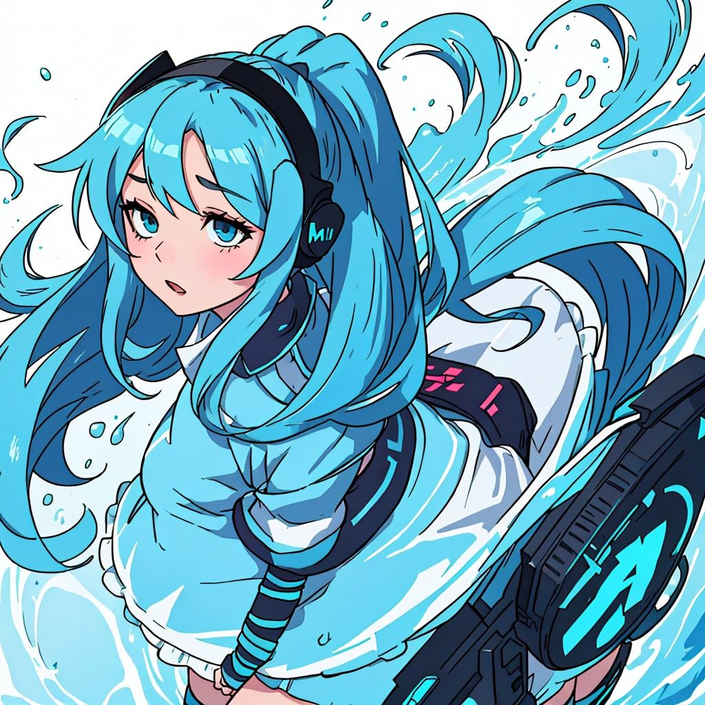 Waifu anime girl, Gaming, Oversized blue shirt, Miku hair, headphones, leg warmers
