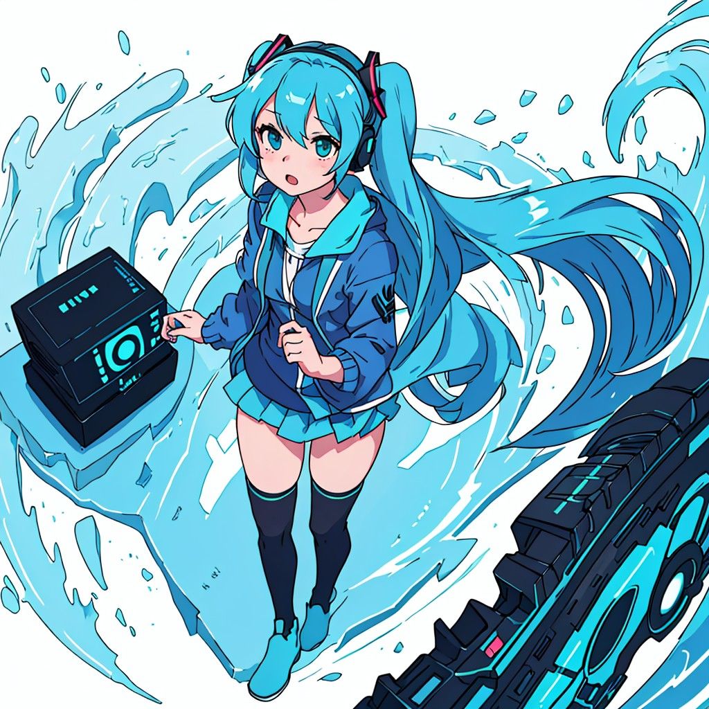 Waifu Miku anime girl, Gaming, Oversized blue shirt, Miku hair, headphones, leg warmers