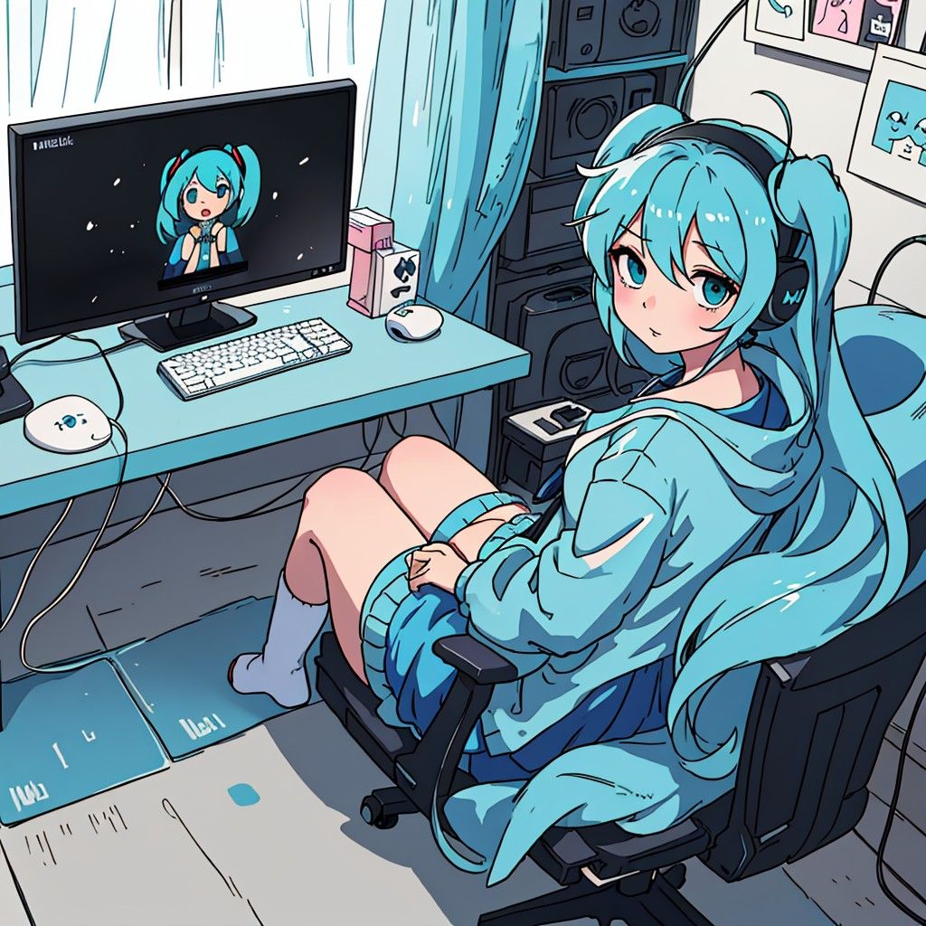 Waifu Miku anime girl, Gaming, Oversized blue shirt,hair, headphones, leg warmers, sitting in front of Monitor, desktop