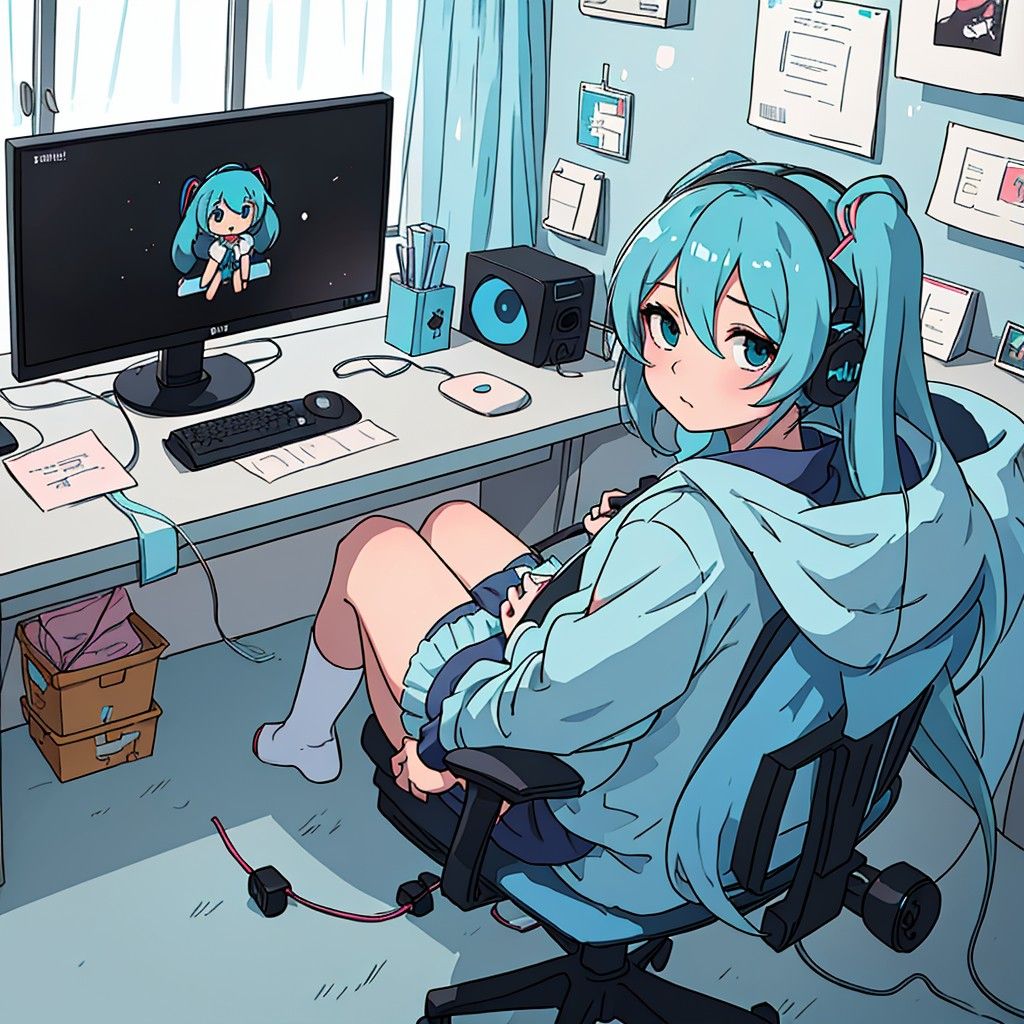 Waifu Miku anime girl, Gaming, Oversized blue shirt,hair, headphones, leg warmers, sitting in front of Monitor, desktop, cute