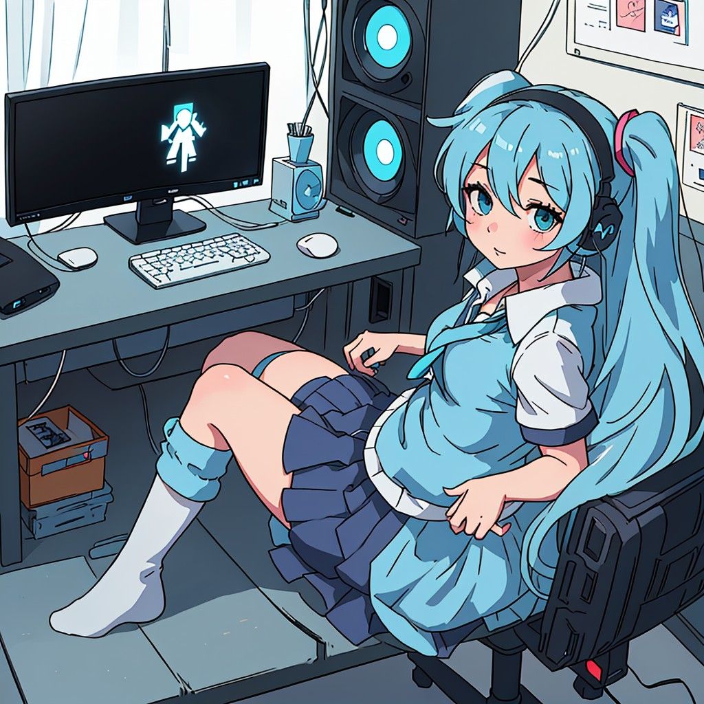 school Waifu Miku anime girl, Gaming, Oversized blue shirt,hair, headphones, leg warmers, sitting in front of Monitor, desktop, 