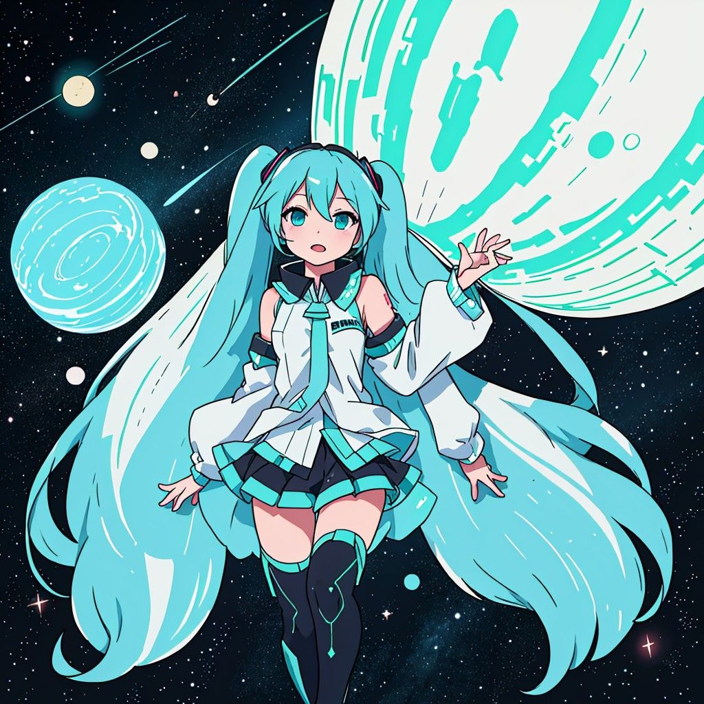 Hatsune miku in space riding a galaxy, with a lot of stars.