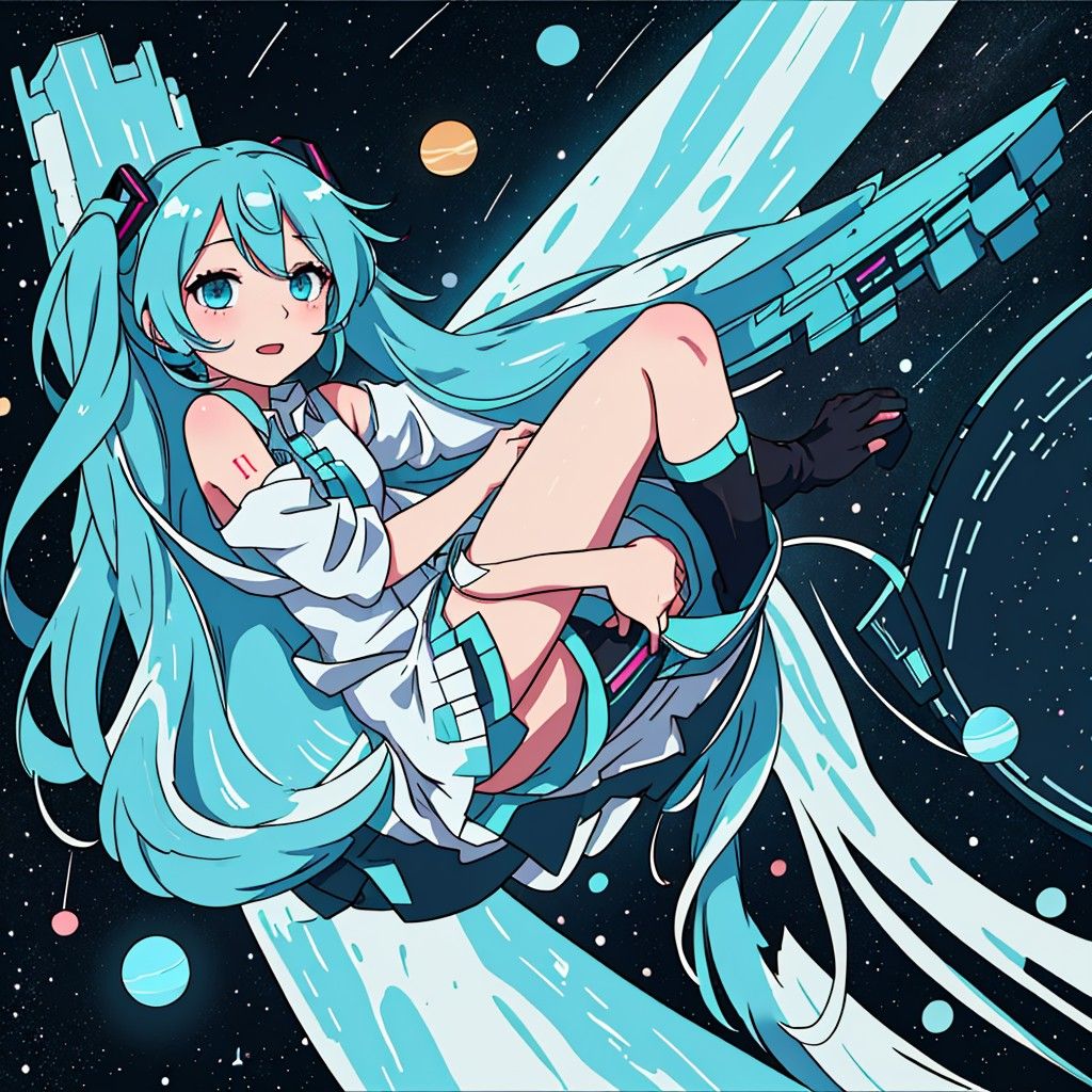 Hatsune miku in space riding a galaxy, with a lot of stars.
