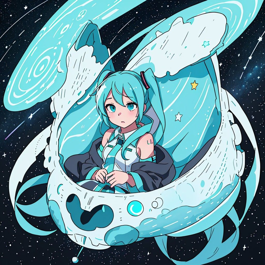 Hatsune miku in space riding a galaxy, with a lot of stars.