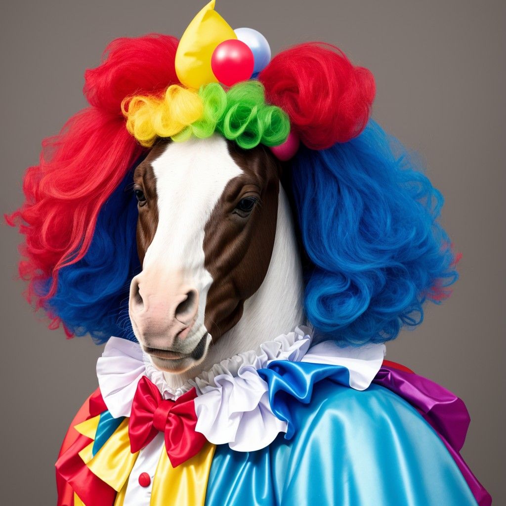 A horse wearing a clown costume 