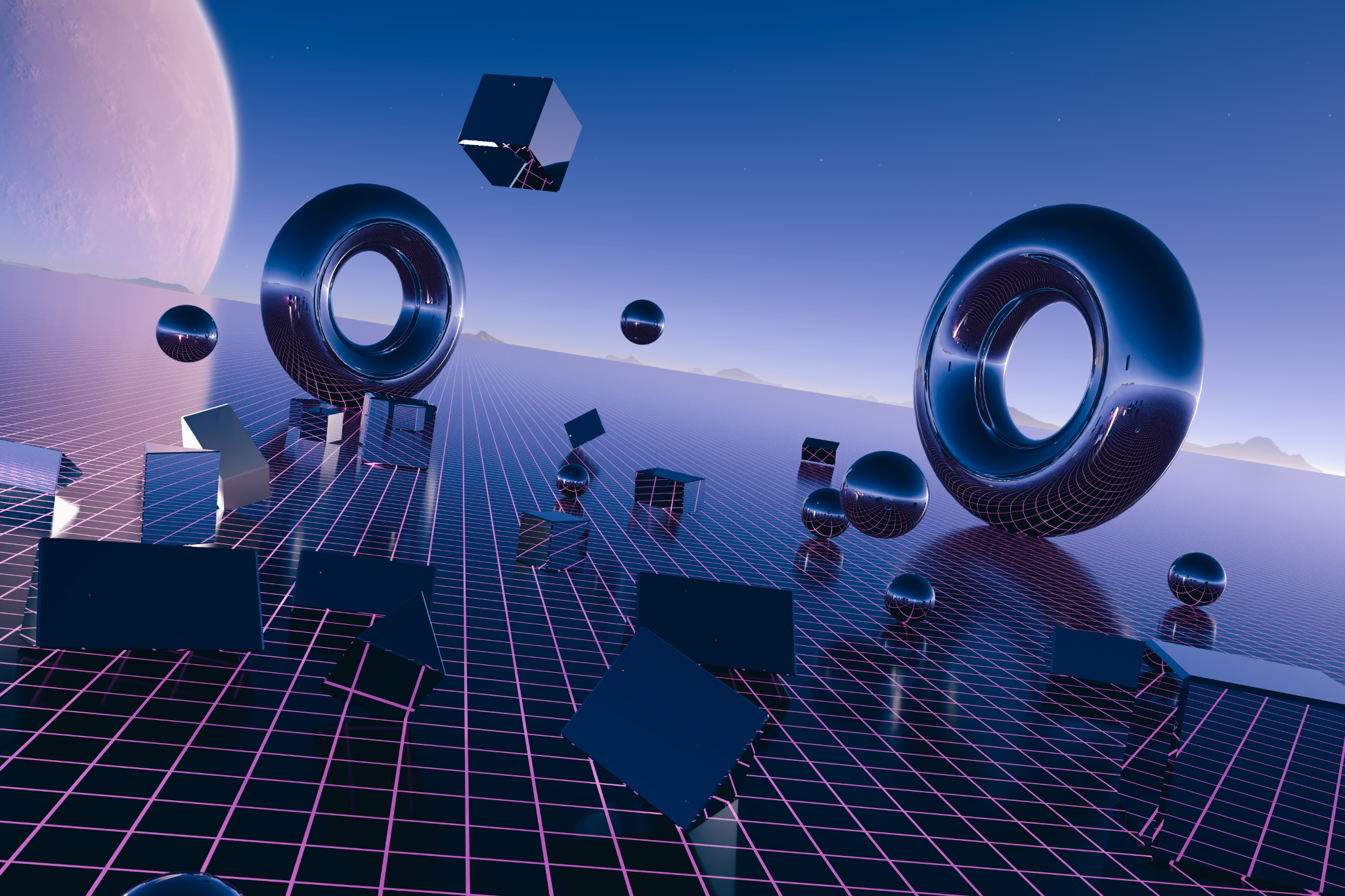 A vaporwave inspired ray-traced scene of chrome geometric shapes on an infinite grid plane set against the backdrop of alien planet