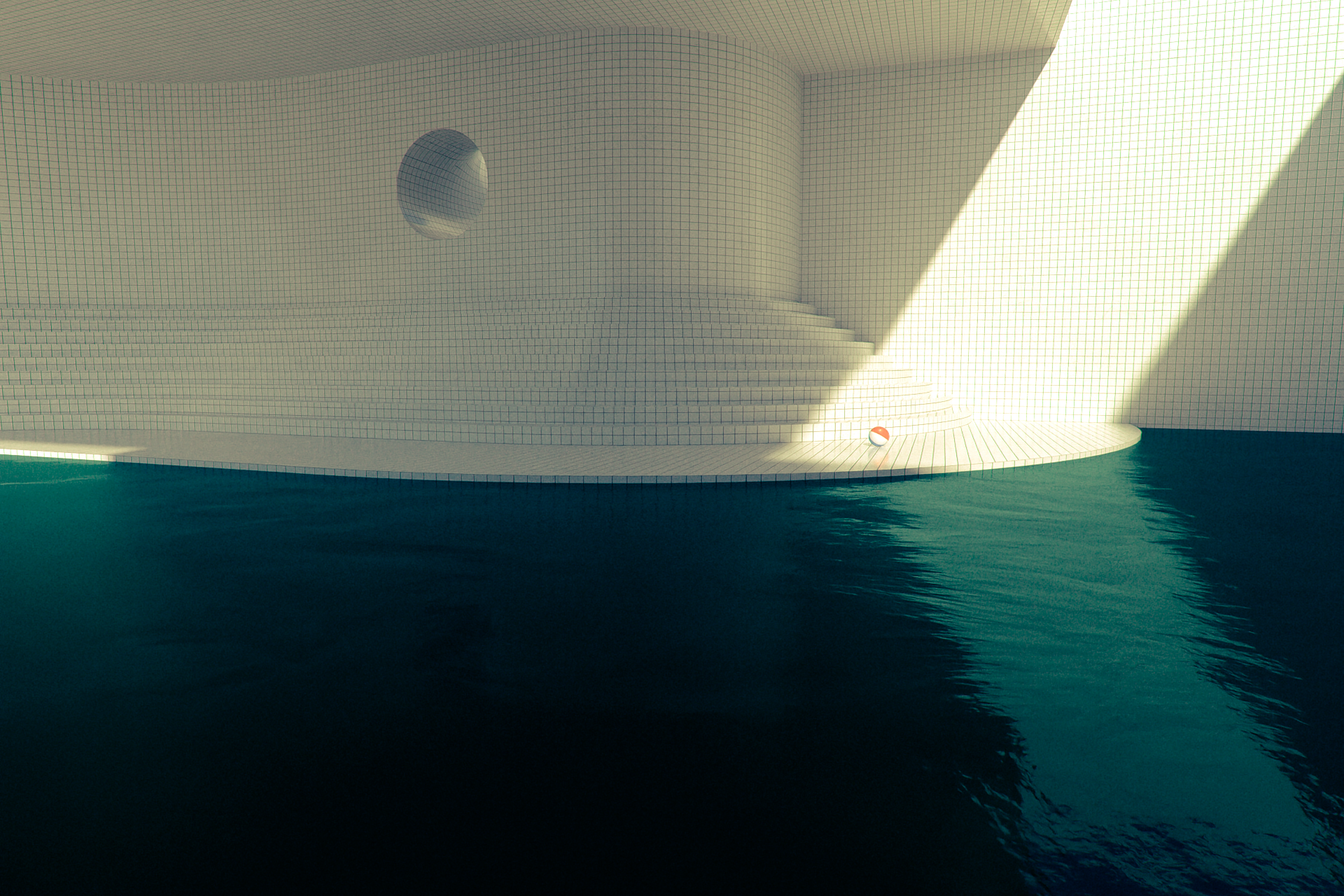A dimly lit dreampool with a beam of light shining down on a beach ball.