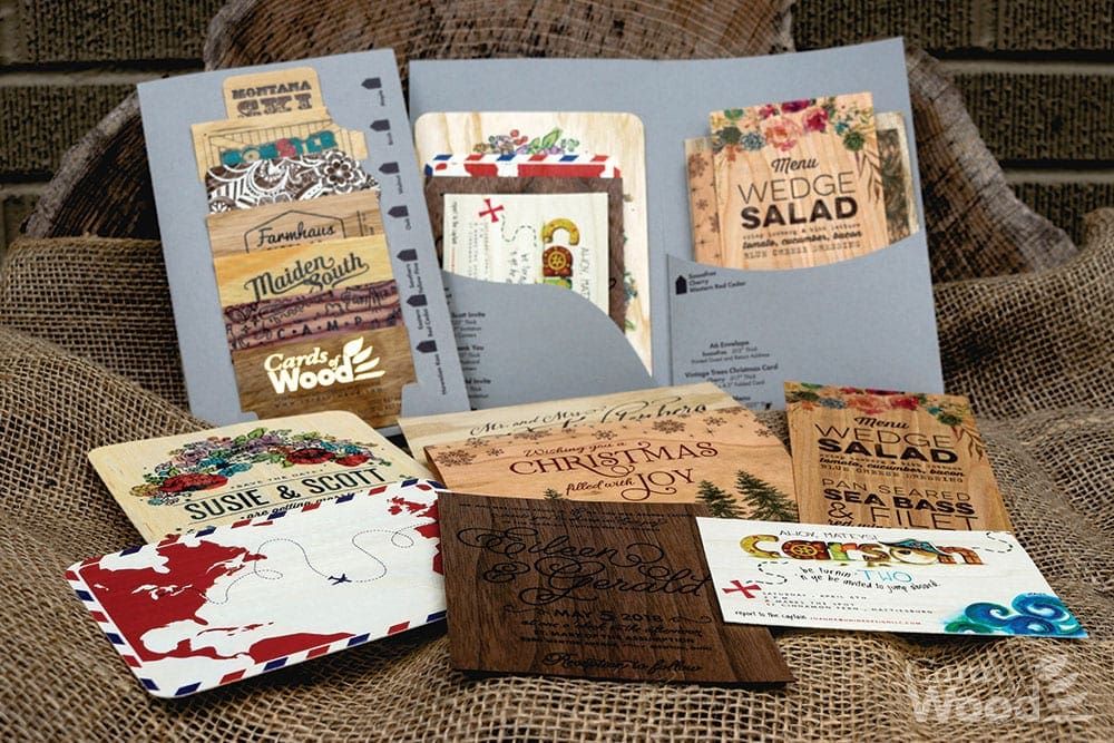 Cards of Wood offers Blank & Printed wood business cards, wooden holiday Christmas cards, postcards, wedding invitations, wood veneer, hang tags, bookmarks.