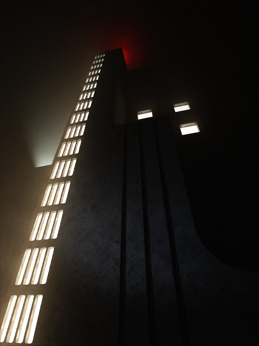 A towering monolith with dozens of floors illuminating a thick fog. It's art deco style is interesting in-of-itself, but something seems off about this structure.  I think I have been down here too long. Perhaps I'm finally starting to lose myself...