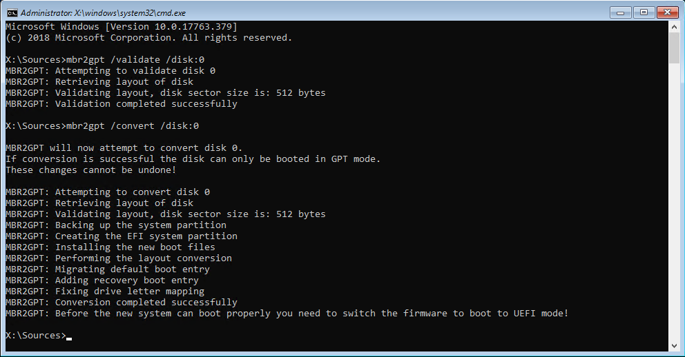 A screenshot of a CMD prompt running the MBR2GPT command.