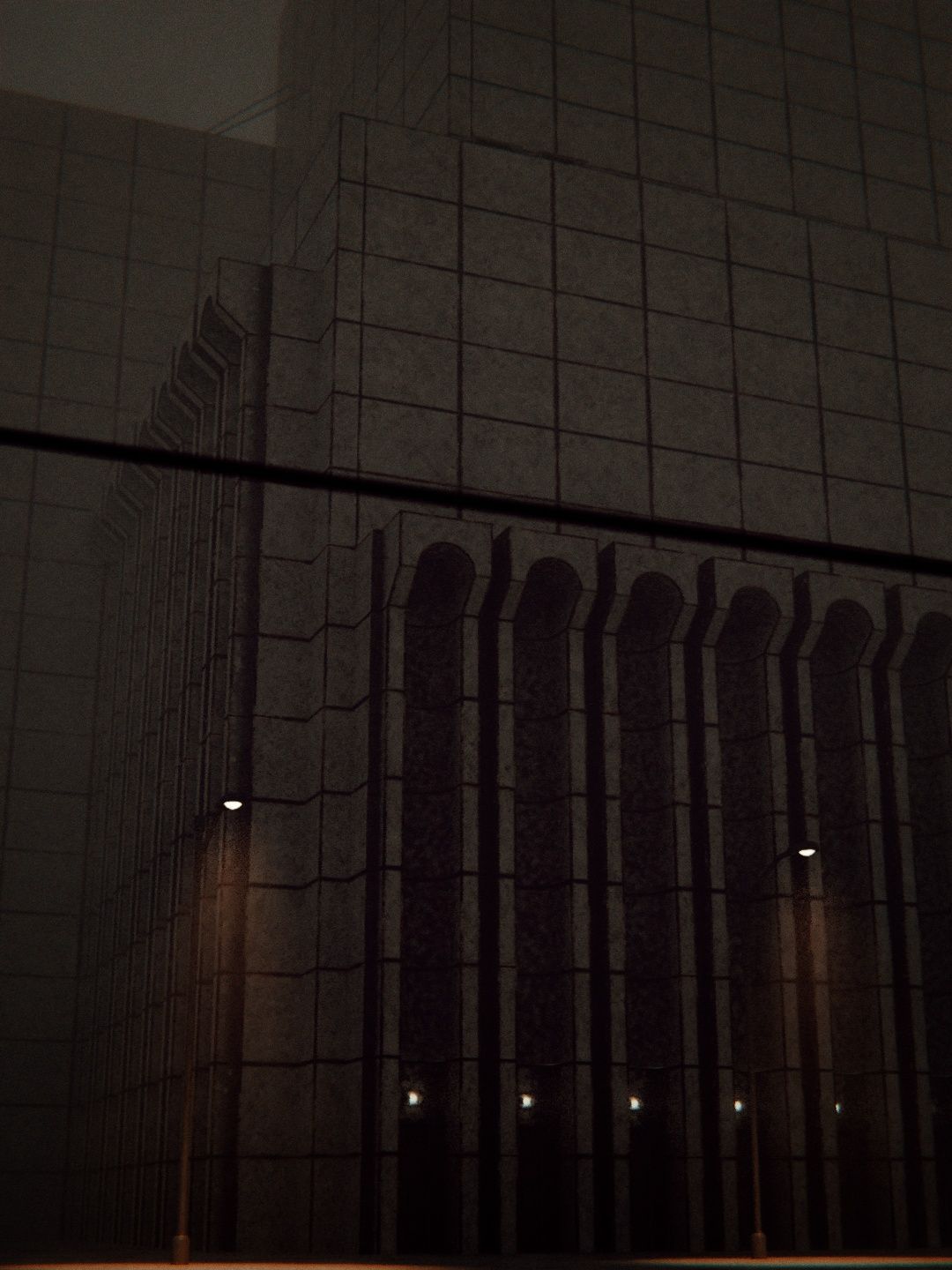 This one had no windows, but somehow seems more normal? Very brutalist. There's a row of doors at the bottom. Should I go in?