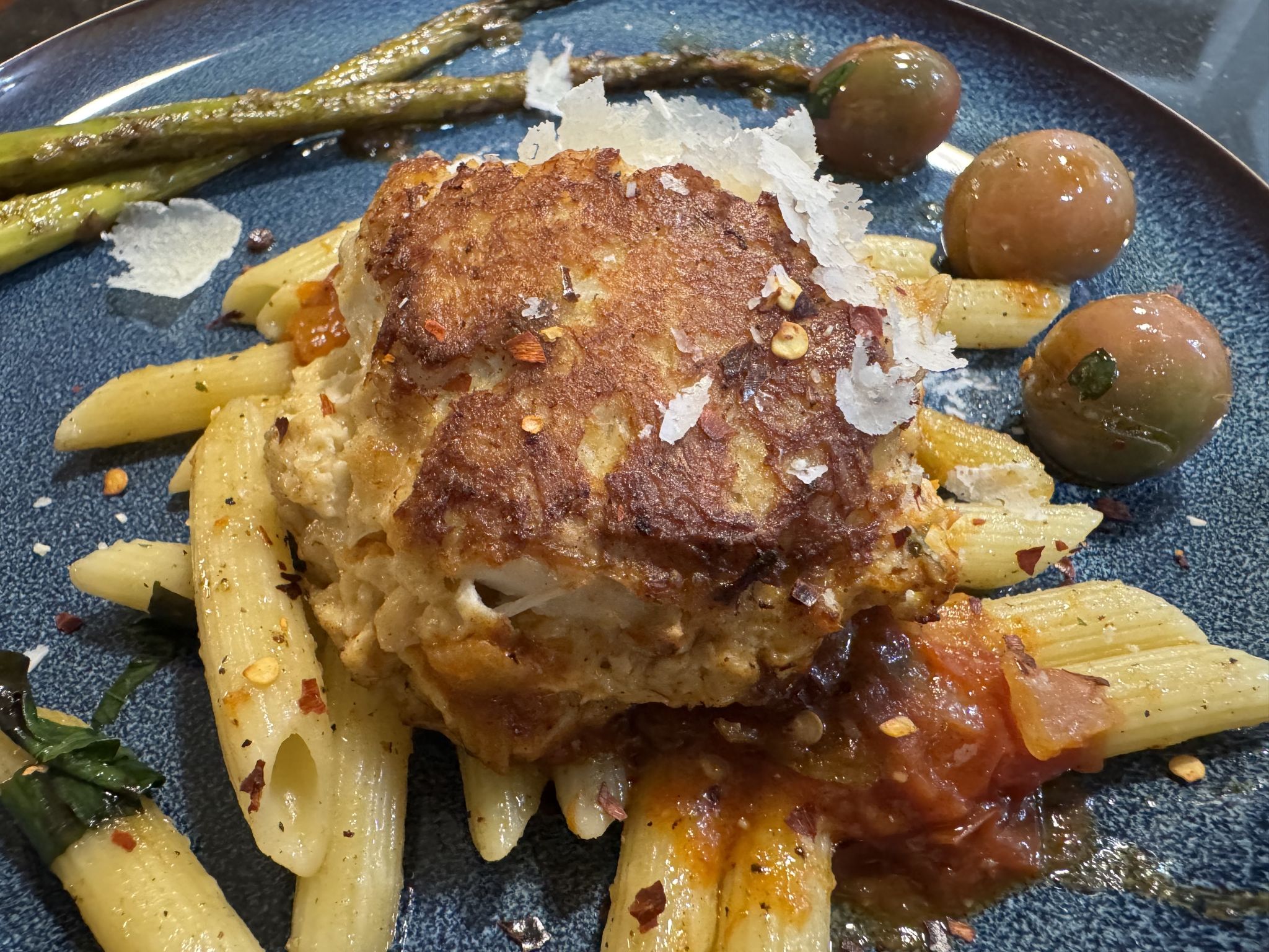 I didn’t actually make the crab cakes myself, but I did cook them in the cast iron again. Also, leftover pasta that I reheated in the cast iron first which gave it a nice texture