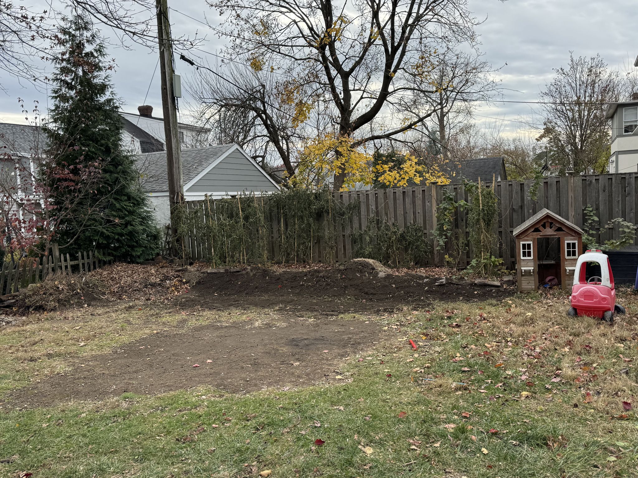 And updated view, yard isn’t actually as sloped as it appears. I may need to build a run to the trench from the left side but hoping this helps redirect water to the trench before flowing out to the left